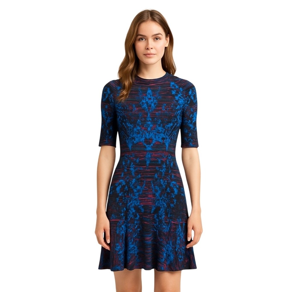 Missoni Knit Fit Flare Dress Blue Pink Black‎ Geometric Pattern Mock Neck MED